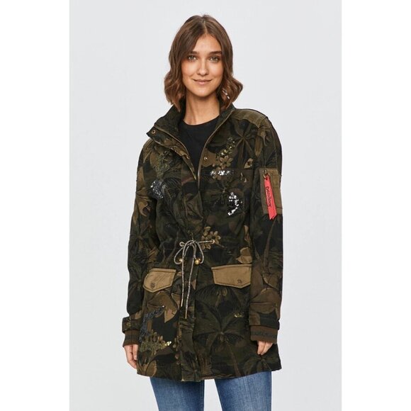 NWT Desigual cotton green & black tropical print camouflage sequined jacket, XS - Picture 3 of 16